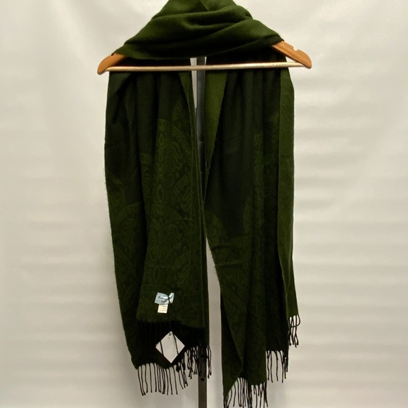 Olive Green & Black Print Scarf with Fringe - Picture 7 of 8